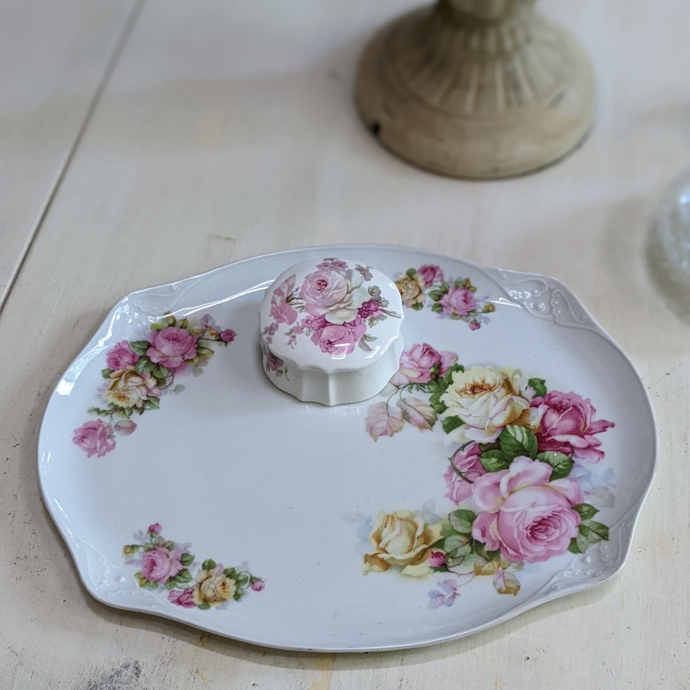 Shabby chic roses dresser tray and jar